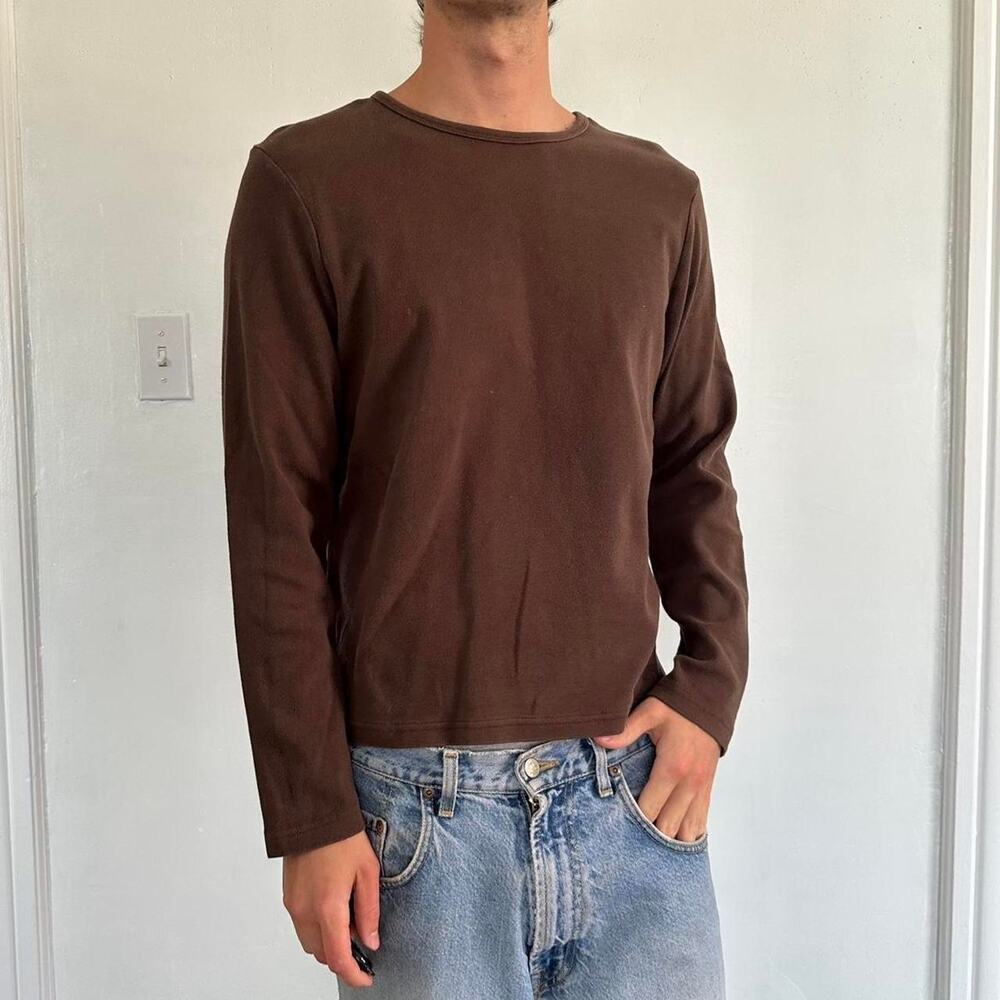 Vintage Y2K Brown Basic Blank Fitted Raw Longsleeve Shirt